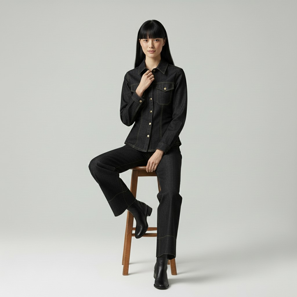 Velea Denim Co-ord Set - Moderne Vrouw met Gele Stitching