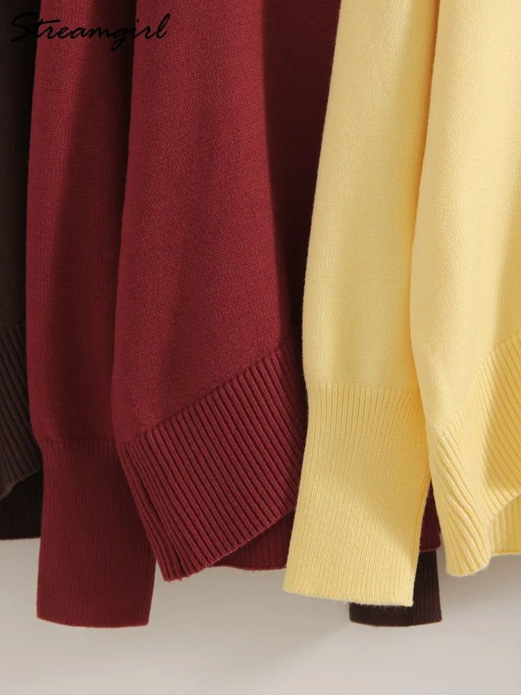 Brown Turtleneck Sweater Women Pullovers Autumn Oversized Butter Yellow Sweaters Thick Turtle Neck Knit Baggy Sweater For Ladies